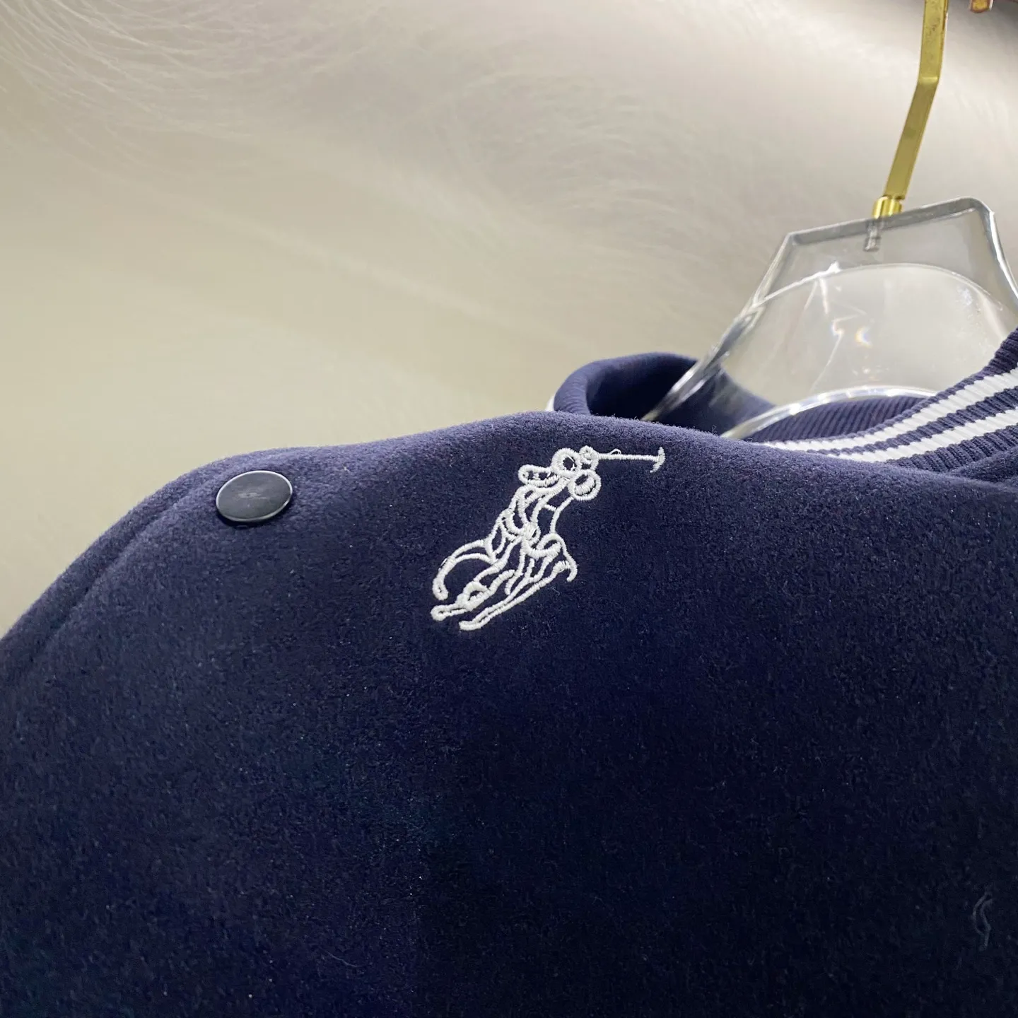 P300 Ralph Lauren Pony Embroidered American Retro Wool Spliced ​​Leather Baseball Jacket with Big Logo on the Back Color: Navy Size: m-XL
